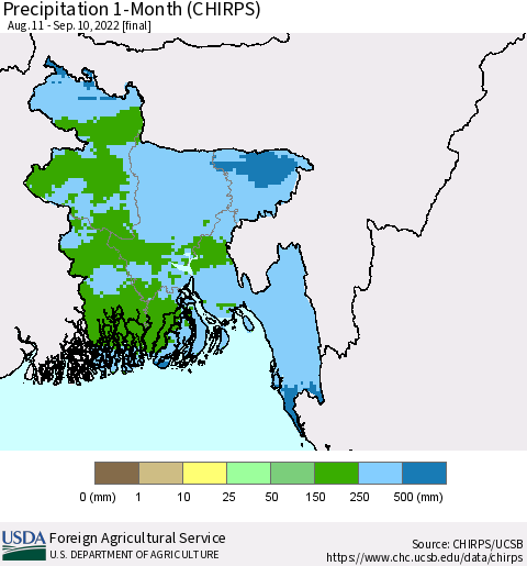 Bangladesh Precipitation 1-Month (CHIRPS) Thematic Map For 8/11/2022 - 9/10/2022