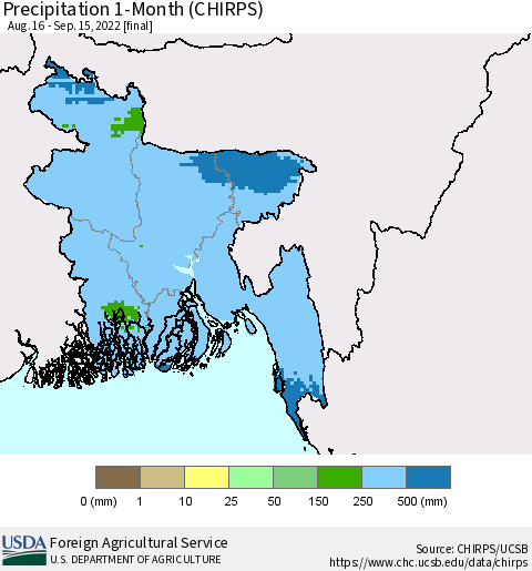 Bangladesh Precipitation 1-Month (CHIRPS) Thematic Map For 8/16/2022 - 9/15/2022