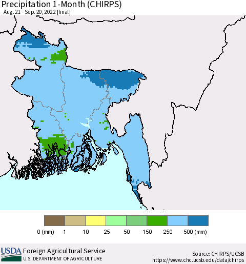 Bangladesh Precipitation 1-Month (CHIRPS) Thematic Map For 8/21/2022 - 9/20/2022