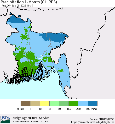 Bangladesh Precipitation 1-Month (CHIRPS) Thematic Map For 8/26/2022 - 9/25/2022