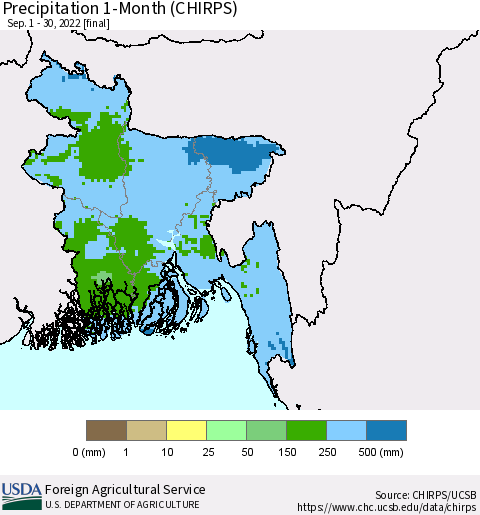 Bangladesh Precipitation 1-Month (CHIRPS) Thematic Map For 9/1/2022 - 9/30/2022