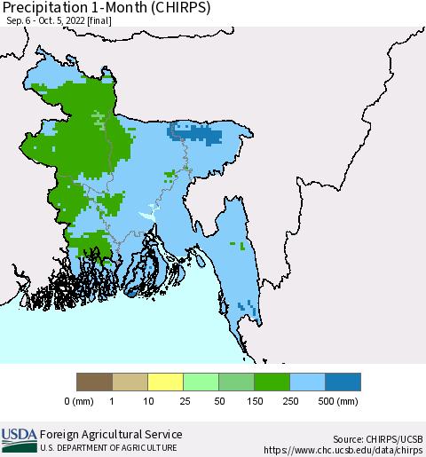 Bangladesh Precipitation 1-Month (CHIRPS) Thematic Map For 9/6/2022 - 10/5/2022