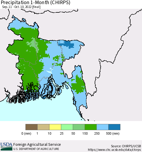 Bangladesh Precipitation 1-Month (CHIRPS) Thematic Map For 9/11/2022 - 10/10/2022