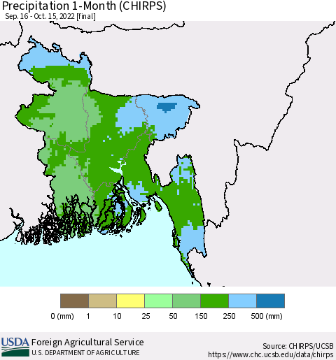 Bangladesh Precipitation 1-Month (CHIRPS) Thematic Map For 9/16/2022 - 10/15/2022