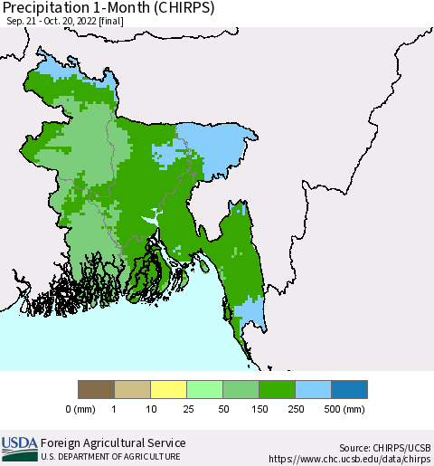 Bangladesh Precipitation 1-Month (CHIRPS) Thematic Map For 9/21/2022 - 10/20/2022
