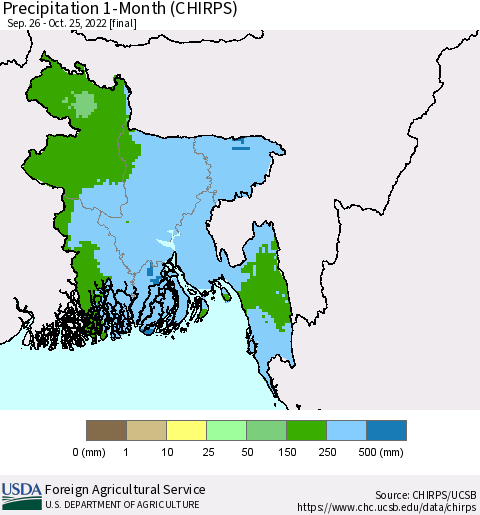 Bangladesh Precipitation 1-Month (CHIRPS) Thematic Map For 9/26/2022 - 10/25/2022