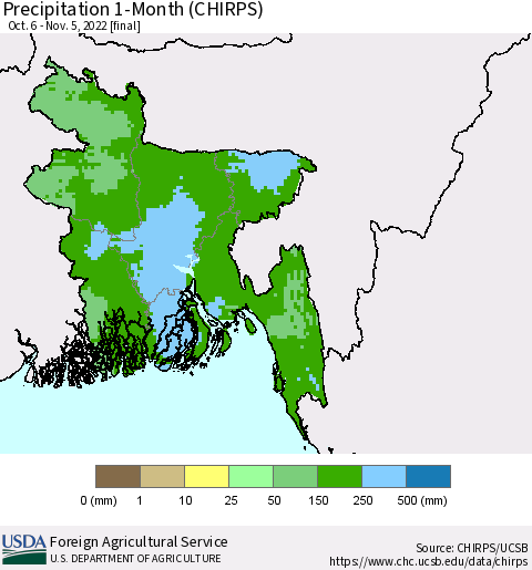 Bangladesh Precipitation 1-Month (CHIRPS) Thematic Map For 10/6/2022 - 11/5/2022