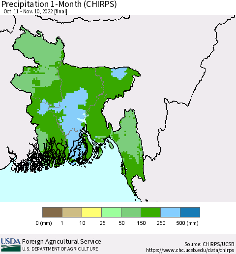 Bangladesh Precipitation 1-Month (CHIRPS) Thematic Map For 10/11/2022 - 11/10/2022