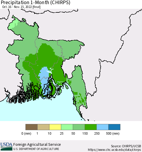 Bangladesh Precipitation 1-Month (CHIRPS) Thematic Map For 10/16/2022 - 11/15/2022