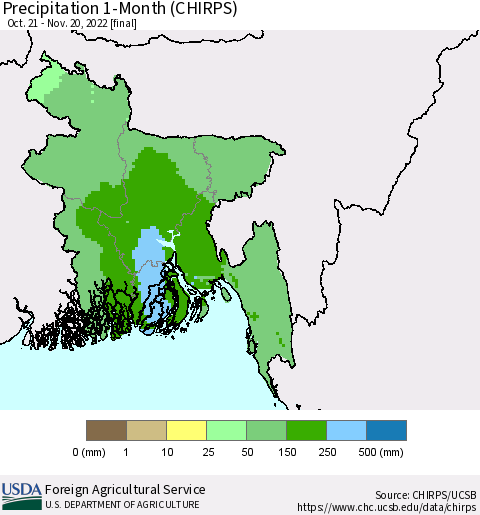 Bangladesh Precipitation 1-Month (CHIRPS) Thematic Map For 10/21/2022 - 11/20/2022