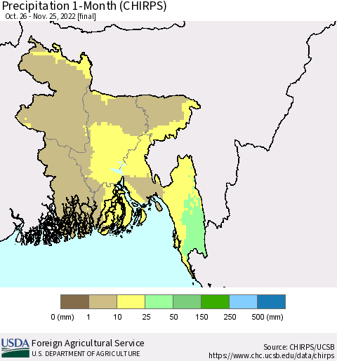 Bangladesh Precipitation 1-Month (CHIRPS) Thematic Map For 10/26/2022 - 11/25/2022