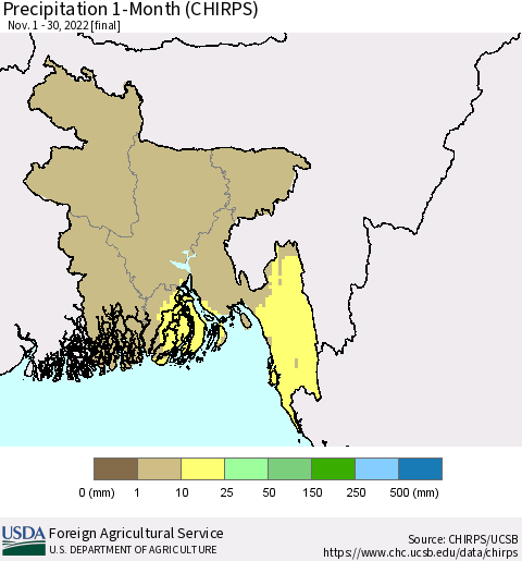 Bangladesh Precipitation 1-Month (CHIRPS) Thematic Map For 11/1/2022 - 11/30/2022