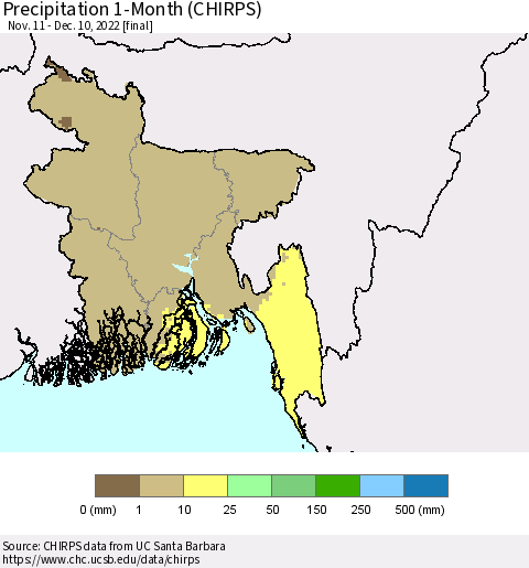 Bangladesh Precipitation 1-Month (CHIRPS) Thematic Map For 11/11/2022 - 12/10/2022