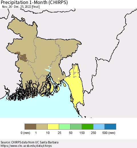 Bangladesh Precipitation 1-Month (CHIRPS) Thematic Map For 11/26/2022 - 12/25/2022