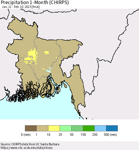 Bangladesh Precipitation 1-Month (CHIRPS) Thematic Map For 1/11/2023 - 2/10/2023