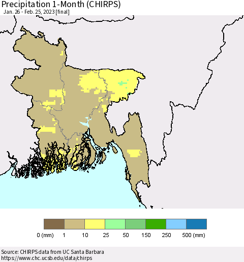 Bangladesh Precipitation 1-Month (CHIRPS) Thematic Map For 1/26/2023 - 2/25/2023