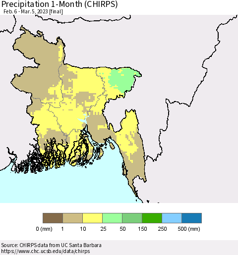 Bangladesh Precipitation 1-Month (CHIRPS) Thematic Map For 2/6/2023 - 3/5/2023