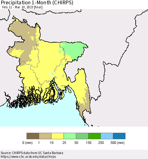 Bangladesh Precipitation 1-Month (CHIRPS) Thematic Map For 2/11/2023 - 3/10/2023