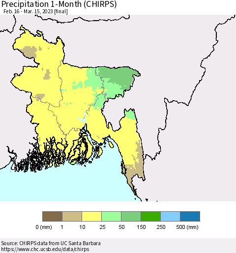 Bangladesh Precipitation 1-Month (CHIRPS) Thematic Map For 2/16/2023 - 3/15/2023