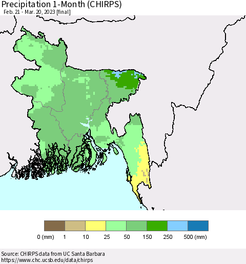 Bangladesh Precipitation 1-Month (CHIRPS) Thematic Map For 2/21/2023 - 3/20/2023