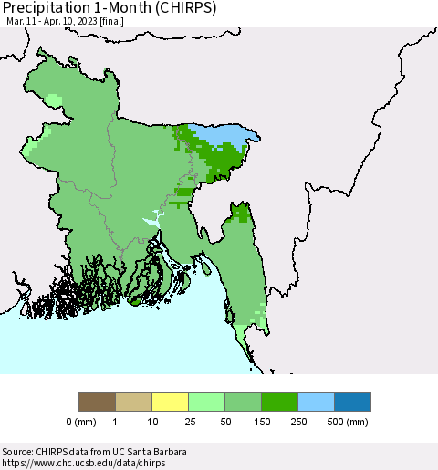 Bangladesh Precipitation 1-Month (CHIRPS) Thematic Map For 3/11/2023 - 4/10/2023