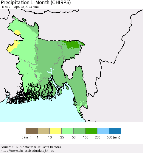 Bangladesh Precipitation 1-Month (CHIRPS) Thematic Map For 3/21/2023 - 4/20/2023