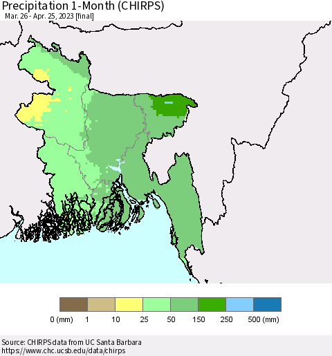 Bangladesh Precipitation 1-Month (CHIRPS) Thematic Map For 3/26/2023 - 4/25/2023