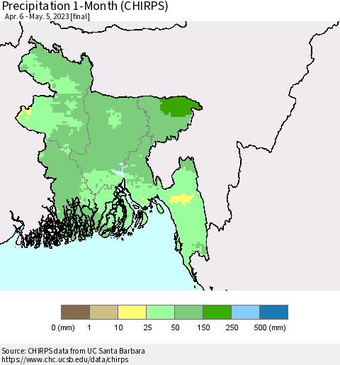 Bangladesh Precipitation 1-Month (CHIRPS) Thematic Map For 4/6/2023 - 5/5/2023