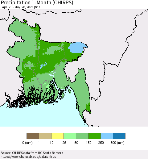 Bangladesh Precipitation 1-Month (CHIRPS) Thematic Map For 4/21/2023 - 5/20/2023