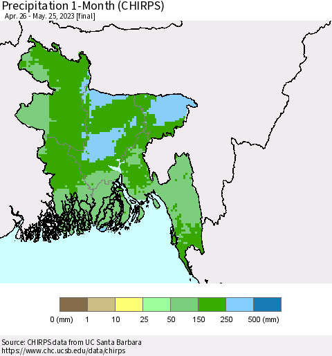Bangladesh Precipitation 1-Month (CHIRPS) Thematic Map For 4/26/2023 - 5/25/2023