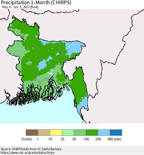 Bangladesh Precipitation 1-Month (CHIRPS) Thematic Map For 5/6/2023 - 6/5/2023