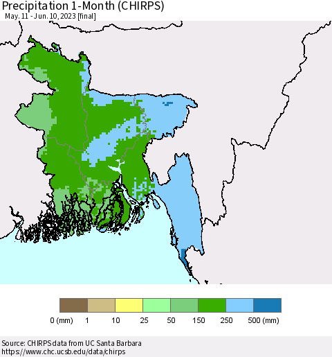 Bangladesh Precipitation 1-Month (CHIRPS) Thematic Map For 5/11/2023 - 6/10/2023
