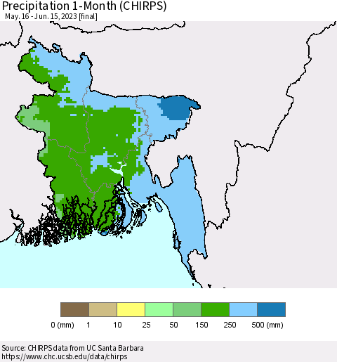 Bangladesh Precipitation 1-Month (CHIRPS) Thematic Map For 5/16/2023 - 6/15/2023