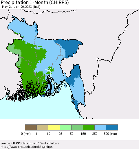 Bangladesh Precipitation 1-Month (CHIRPS) Thematic Map For 5/21/2023 - 6/20/2023