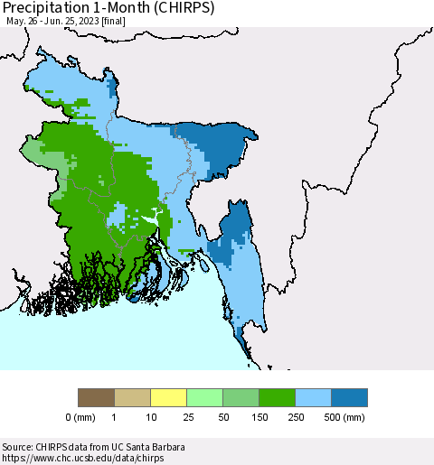 Bangladesh Precipitation 1-Month (CHIRPS) Thematic Map For 5/26/2023 - 6/25/2023
