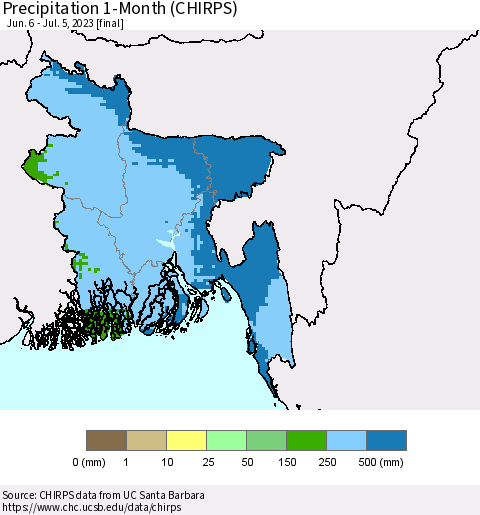 Bangladesh Precipitation 1-Month (CHIRPS) Thematic Map For 6/6/2023 - 7/5/2023