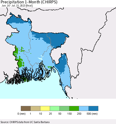 Bangladesh Precipitation 1-Month (CHIRPS) Thematic Map For 6/16/2023 - 7/15/2023