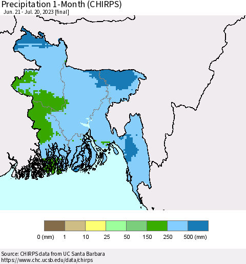 Bangladesh Precipitation 1-Month (CHIRPS) Thematic Map For 6/21/2023 - 7/20/2023