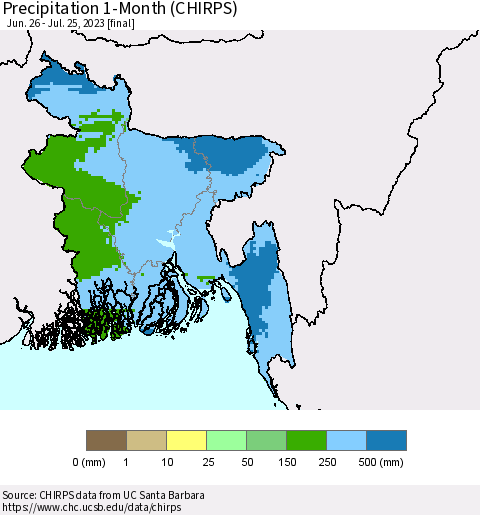 Bangladesh Precipitation 1-Month (CHIRPS) Thematic Map For 6/26/2023 - 7/25/2023