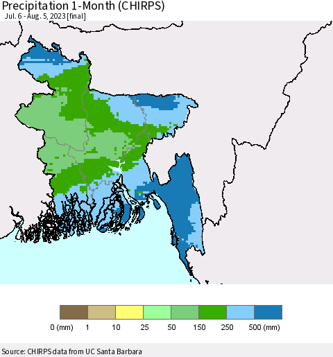 Bangladesh Precipitation 1-Month (CHIRPS) Thematic Map For 7/6/2023 - 8/5/2023