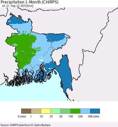 Bangladesh Precipitation 1-Month (CHIRPS) Thematic Map For 7/11/2023 - 8/10/2023