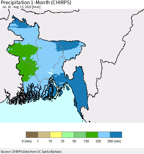 Bangladesh Precipitation 1-Month (CHIRPS) Thematic Map For 7/16/2023 - 8/15/2023