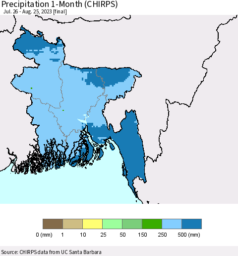 Bangladesh Precipitation 1-Month (CHIRPS) Thematic Map For 7/26/2023 - 8/25/2023