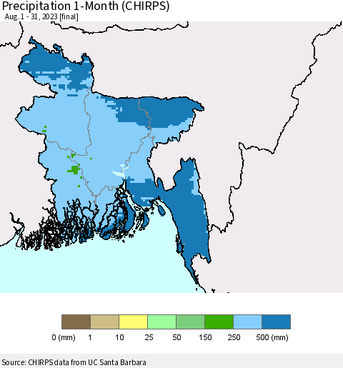 Bangladesh Precipitation 1-Month (CHIRPS) Thematic Map For 8/1/2023 - 8/31/2023