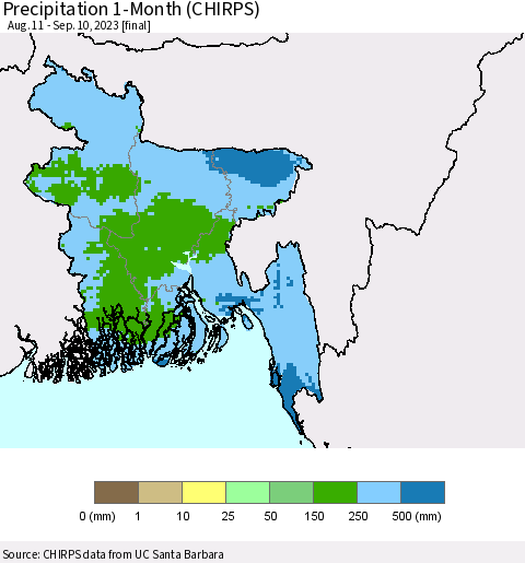 Bangladesh Precipitation 1-Month (CHIRPS) Thematic Map For 8/11/2023 - 9/10/2023