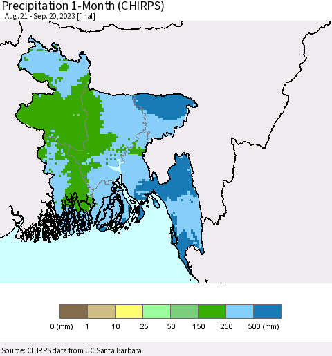 Bangladesh Precipitation 1-Month (CHIRPS) Thematic Map For 8/21/2023 - 9/20/2023