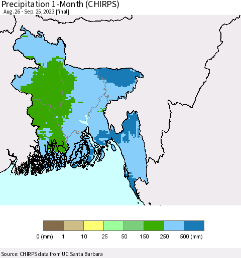 Bangladesh Precipitation 1-Month (CHIRPS) Thematic Map For 8/26/2023 - 9/25/2023