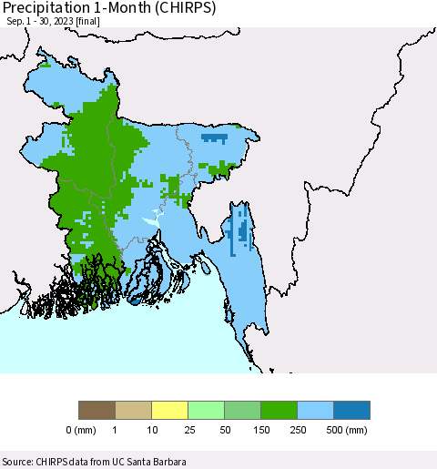 Bangladesh Precipitation 1-Month (CHIRPS) Thematic Map For 9/1/2023 - 9/30/2023