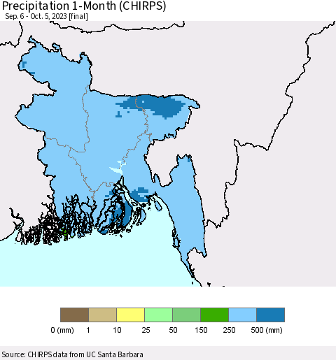 Bangladesh Precipitation 1-Month (CHIRPS) Thematic Map For 9/6/2023 - 10/5/2023
