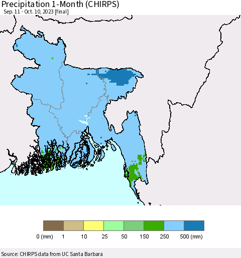 Bangladesh Precipitation 1-Month (CHIRPS) Thematic Map For 9/11/2023 - 10/10/2023
